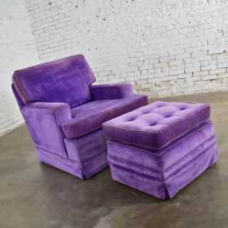 Mid Century Modern Purple Velvet Lawson Style Vintage Club Chair and Ottoman 5