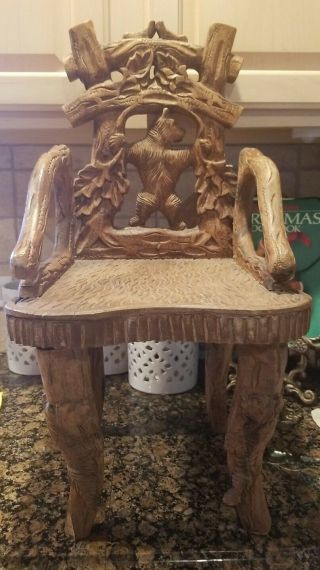 Vintage Hand Carved Black Forest Wood Bear Armchair With Bears Climbing The Legs