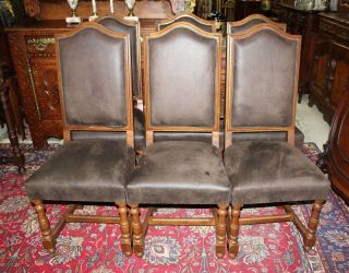 Set Of 6 French Antique Oak Louis Xiii Dining Room Chairs With Upholstery