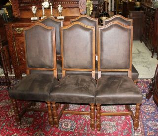 Set of 6 French Antique Oak Louis XIII Dining Room Chairs with Upholstery 2