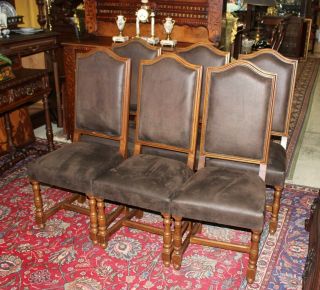 Set of 6 French Antique Oak Louis XIII Dining Room Chairs with Upholstery 3