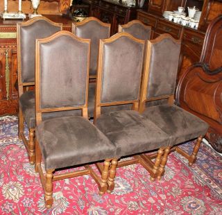 Set of 6 French Antique Oak Louis XIII Dining Room Chairs with Upholstery 4