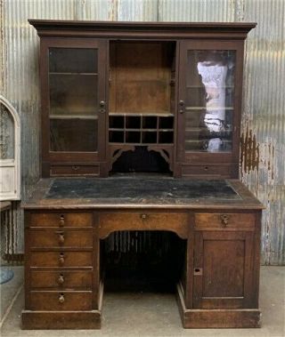 Vintage Writing Desk Hutch,  Wood Office Desk,  Railroad Cabinet,  Teacher Desk