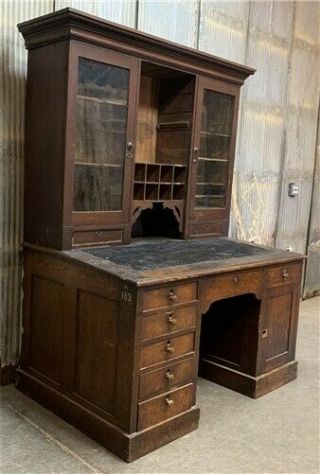 Vintage Writing Desk Hutch,  Wood Office Desk,  Railroad Cabinet,  Teacher Desk 3