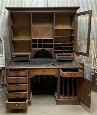 Vintage Writing Desk Hutch,  Wood Office Desk,  Railroad Cabinet,  Teacher Desk 5