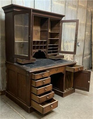 Vintage Writing Desk Hutch,  Wood Office Desk,  Railroad Cabinet,  Teacher Desk 6
