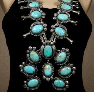 Huge Vintage Navajo 28 " Squash Blossom Turquoise Sterling Old Pawn Necklace