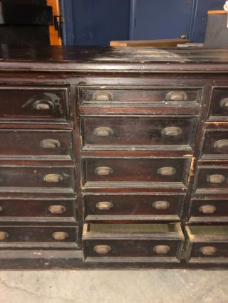 AWESOME vintage 15 drawer apothecary cabinet PINE w brass hardware 55/27/34.  5” 2