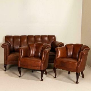 Vintage Leather Loveseat And Club Chairs,  Set Of 3