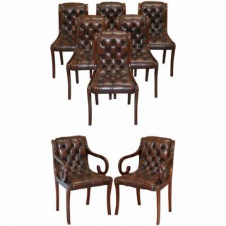 Sublime Set Of Eight Vintage Chesterfield Mahogany Brown Leather Dining Chairs 8