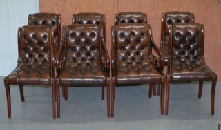 SUBLIME SET OF EIGHT VINTAGE CHESTERFIELD MAHOGANY BROWN LEATHER DINING CHAIRS 8 2