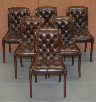 SUBLIME SET OF EIGHT VINTAGE CHESTERFIELD MAHOGANY BROWN LEATHER DINING CHAIRS 8 3