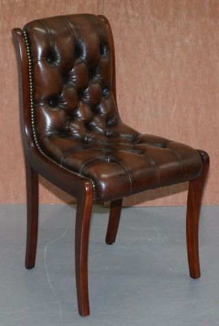 SUBLIME SET OF EIGHT VINTAGE CHESTERFIELD MAHOGANY BROWN LEATHER DINING CHAIRS 8 4