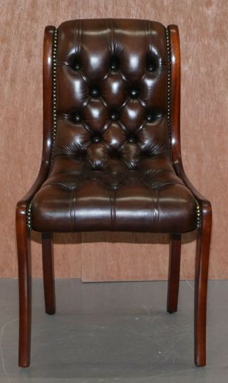 SUBLIME SET OF EIGHT VINTAGE CHESTERFIELD MAHOGANY BROWN LEATHER DINING CHAIRS 8 5