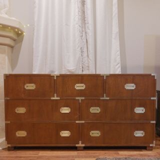 Baker Furniture Campaign Style 7 Drawer Chest Dresser Vintage Mid Century Mcm