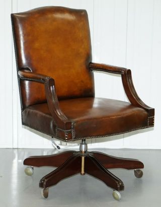 STUNNING VINTAGE 1960 ' S FULLY RESTORED AGED BROWN LEATHER DIRECTORS OFFICE CHAIR 2