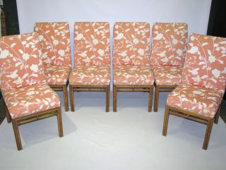 Set of 6 Vintage Ficks Reed Bamboo Dining Chairs Wth Upholstered Seats & Backs 2