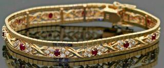 Vintage Heavy 14k Gold 3.  30ctw Diamond & Ruby Cluster 10.  5mm Wide Link Bracelet