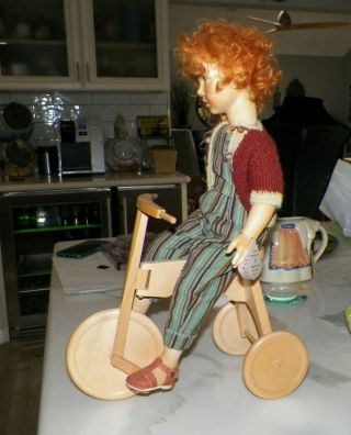 VINTAGE REGINA SANDREUTER WOODEN DOLL WITH TRICYCLE LTD ED 20 RED HEAD 17 