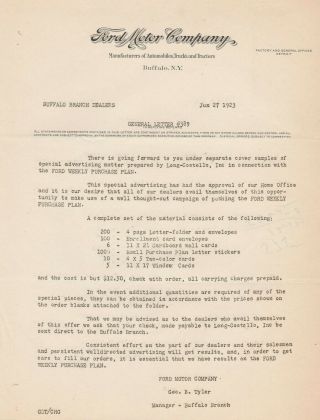 June 27,  1923 Ford Motor Company Letter On Advertising