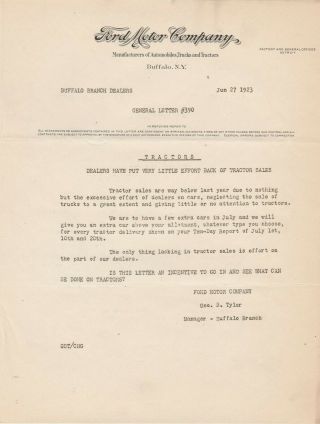 June 27,  1923 Ford Motor Company Letter 390 Lack Of Tractor Sales