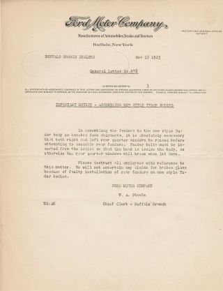 November 15,  1923 Ford Motor Company Letter On Assembling Tudor Bodies