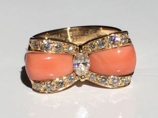 Van Cleef & Arpels Vintage 18k Yellow Gold Coral Diamond Bow Ring