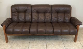 Vintage Ekornes Stressless Leather Sofa Couch ‘Montana’ Model Teak Wood MCM 2
