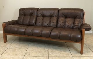 Vintage Ekornes Stressless Leather Sofa Couch ‘Montana’ Model Teak Wood MCM 3