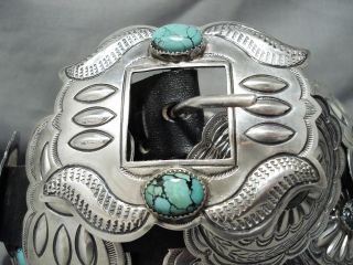 HAND TOOLED VINTAGE NAVAJO SPIDERWEB TURQUOISE STERLING SILVER CONCHO BELT 2