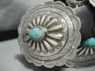 HAND TOOLED VINTAGE NAVAJO SPIDERWEB TURQUOISE STERLING SILVER CONCHO BELT 4