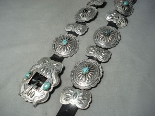 HAND TOOLED VINTAGE NAVAJO SPIDERWEB TURQUOISE STERLING SILVER CONCHO BELT 5