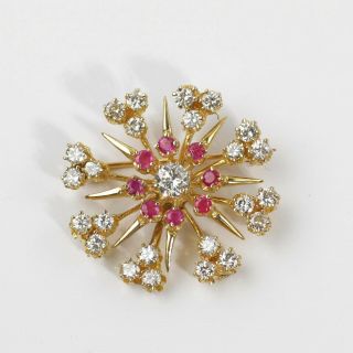 Stunning Vintage 14k Yellow Gold 3ct Diamond & Ruby Snowflake Pendant/ Brooch