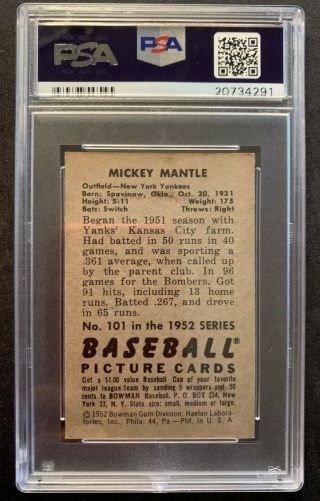 1952 Vintage Bowman Mickey Mantle 101 PSA 5 EX 2