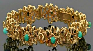 Vintage Heavy 14k Gold 6 X 4mm Turquoise 20.  2mm Wide Fancy Link Bracelet