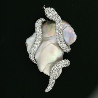 Vintage 18k White Gold 5.  32ctw Diamond Wrap Snake On Large Baroque Pearl Brooch