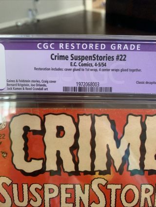 Vintage 1954 EC COMICS Crime Suspenstories 22 CGC Restored 3.  0 Classic Cover 3