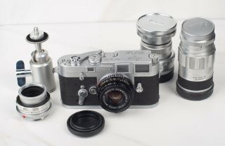Vintage Leica M3 - 951728 Camera 1959 W/ 3 Lenses,  Lens Adaptor,  Ball Head,  Strap