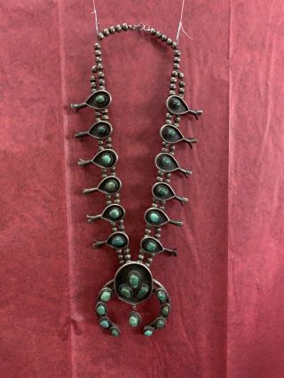 Heavy Vintage Navajo Sterling Silver & Turquoise Squash Blossom Necklace 24inche