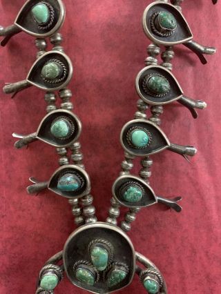 Heavy Vintage NAVAJO Sterling Silver & Turquoise SQUASH BLOSSOM Necklace 24inche 3