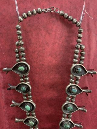 Heavy Vintage NAVAJO Sterling Silver & Turquoise SQUASH BLOSSOM Necklace 24inche 5