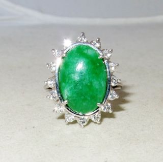 Vintage ? 14k White Gold Ring W/ A Grade Green Jadeite Jade & Diamonds (size 7)