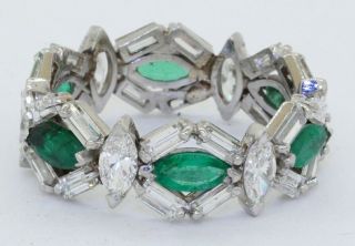 Vintage 1950s Platinum 5.  60ctw Vs Marquise Diamond/emerald Eternity Band Ring