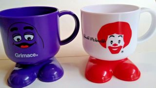 Set Of 2,  Hard To Find Grimace And Ronald Mcdonald Footed Plastic Mugs -