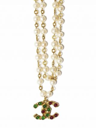 Auth Chanel Vintage Long Pearl Necklace / Belt With Gripoix Cc Detail