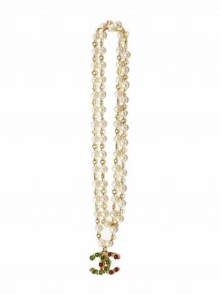 Auth CHANEL Vintage Long Pearl Necklace / Belt with Gripoix CC Detail 2