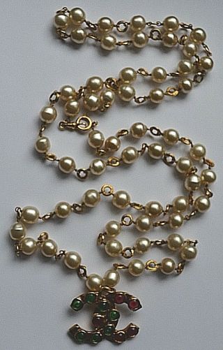 Auth CHANEL Vintage Long Pearl Necklace / Belt with Gripoix CC Detail 3