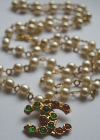 Auth CHANEL Vintage Long Pearl Necklace / Belt with Gripoix CC Detail 4