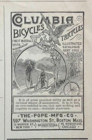 1886 Ad (1800 - 41) Pope Mfg.  Co.  Boston,  Mass.  Columbia Bicycles And Tricycles