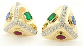 Heavy Vintage 14k Yg 11.  66ct Vs Diamond Ruby Sapphire Emerald Chunky Earrings
